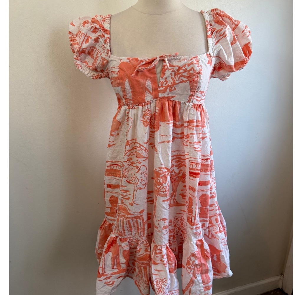 Urban Outfitters Coral Toile Puff Sleeve Cutout Back Mini Dress XS Cotton